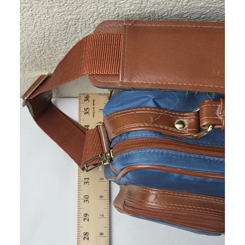 Vtg Albinar Leather/Canvas Camera Bag 4 Zip Pockets Shoulder Strap Blue/Brown